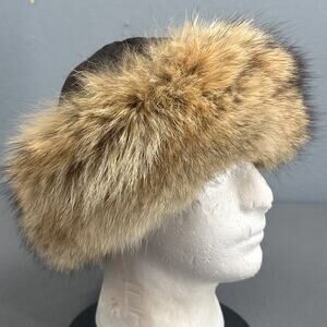Vintage Natural Coyote Fur Leather Hat Crowncap Canada Winter Glam Russian Ski